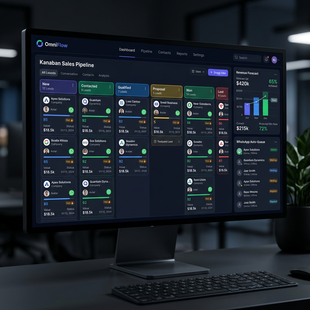 KelBrix CRM dashboard showing WhatsApp follow-up, lead scoring, and pipeline management
